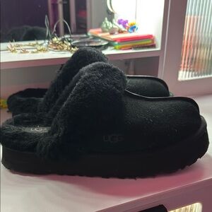 UGG Black Fluffy Platform Slippers
